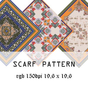 Puede incluir: Tres patrones de pañuelos cuadrados con diseños intrincados. Los pañuelos presentan una variedad de colores, incluyendo azul, verde, naranja y crema. El texto "SCARF PATTERN" se muestra en la parte inferior de la imagen.
