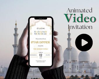 May include: A smartphone displaying an animated video invitation for an Iftar dinner. The invitation features a gold and white design with the text "Ramadan Mubarak" and details about the event, including the date, time, and location. The background of the image shows a white mosque.