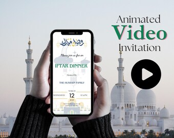 May include: A smartphone displays an animated video invitation for an Iftar dinner. The invitation features text in Arabic and English, with the date March 12, 2025, and a play button. The background shows a mosque.