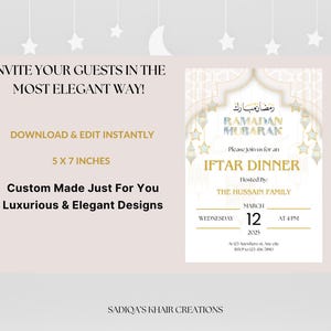 May include: An invitation for an Iftar dinner during Ramadan. The invitation features a white background with gold and blue accents. The text reads "Ramadan Mubarak" and "Iftar Dinner". The invitation is 5x7 inches and can be downloaded and edited instantly.
