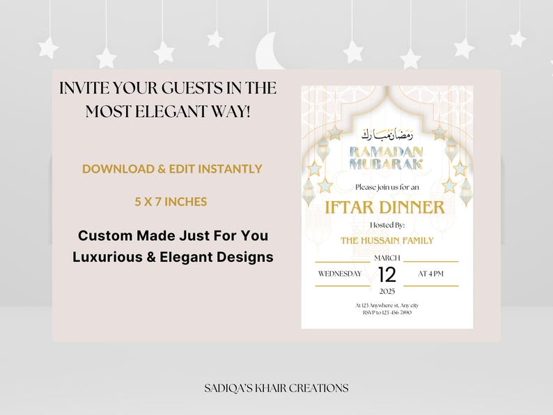 May include: An invitation for an Iftar dinner during Ramadan. The invitation features a white background with gold and blue accents. The text reads "Ramadan Mubarak" and "Iftar Dinner". The invitation is 5x7 inches and can be downloaded and edited instantly.