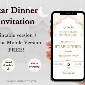 May include: A printable invitation for an Iftar dinner, featuring a gold and white design with the text "Ramadan Mubarak" in Arabic and English. The invitation includes the date, time, and location of the event, as well as the host's name, "The Hussain Family".