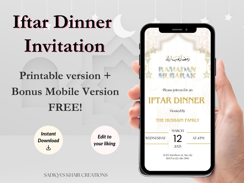 May include: A printable invitation for an Iftar dinner, featuring a gold and white design with the text "Ramadan Mubarak" in Arabic and English. The invitation includes the date, time, and location of the event, as well as the host's name, "The Hussain Family".