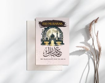 Peut inclure: Carte de vœux Eid Mubarak avec une illustration de mosquée sous une pleine lune. La carte présente une calligraphie arabe et le texte anglais "May Allah accept from you and us."