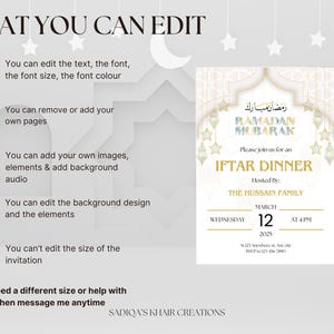 May include: A white and gold Ramadan Mubarak invitation with a crescent moon and stars. The invitation is for an Iftar dinner on Wednesday, March 12th, 2025 at 4 PM. The text reads "Please join us for an Iftar Dinner Hosted By: The Hussain Family".