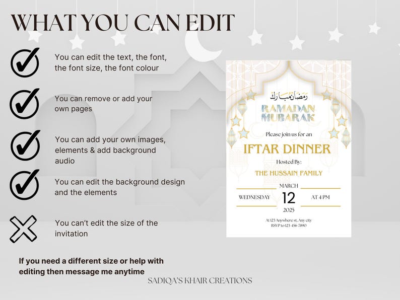 May include: A white and gold Ramadan Mubarak invitation with a crescent moon and stars. The invitation is for an Iftar dinner on Wednesday, March 12th, 2025 at 4 PM. The text reads "Please join us for an Iftar Dinner Hosted By: The Hussain Family".
