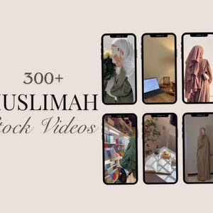 Może przedstawiać: Kolaż sześciu ekranów smartfonów pokazujących różne filmy stockowe kobiet w hidżabach. Tekst "300+ MUSLIMAH Stock Videos" jest wyświetlany po lewej stronie obrazu.