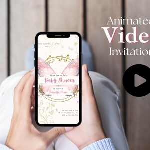 Editable Pink Butterfly Girl Baby Shower Invitation | Video Digital Invitation