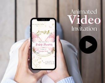 Editable Pink Butterfly Girl Baby Shower Invitation | Video Digital Invitation