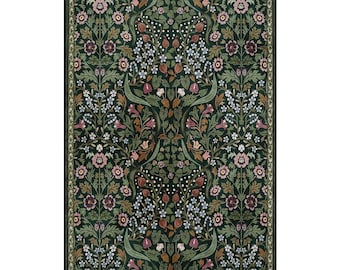 Vintage Ethnic Washable Rug with Green Plant and Floral Motifs William Morris Style Rug, Digital Printed Non Slip Stain Resist  197