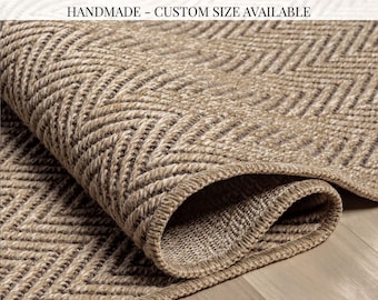 Benutzerdefinierte Größe Fischgrät Sisal Natürlicher Teppich mit rutschfester Jute-Rücken, Handgefertigter Flachgewebe Teppich für Flur Wohnzimmer Innen Außenbereich 671k