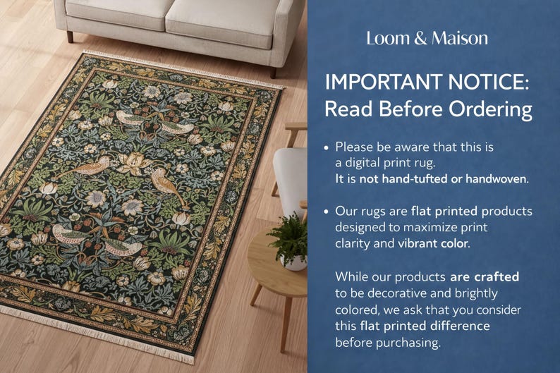 The image is a collage of two images. The left image shows a large, intricately designed rug with a floral pattern, while the right image depicts a living room setting with a couch and a potted plant.