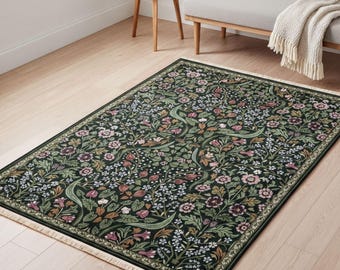 William Morris Style Gothic Botanical Rug in Dark Green,  Living Room or Bedroom