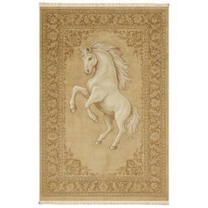 Beige Horse Area Rug with Classic Border | Oeko-Tex Certified Washable Carpet for Living Room, Bedroom, Rustic and Modern Décor 329