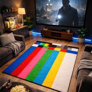 May include: A multi-coloured rectangular rug with a bold design. The rug displays vertical stripes in blue, red, pink, green, light blue, yellow, black, grey, and white. It is placed on a wooden floor in a living room.