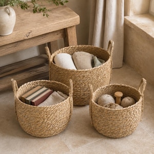 Seagrass Storage Basket with Handles, Woven Natural Basket Set of 3, Large Blanket Toy Basket, Boho Bathroom Kitchen Organizer Decor