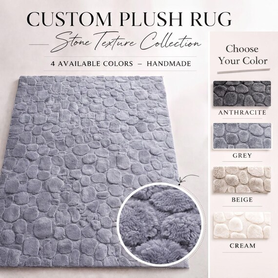 Custom Size Grey Plush Stone Texture Rug, Machine Washable Faux Fur Area Carpet
