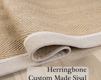 Natural Sisal Herringbone Rug with Handmade Beige Fabric Border Runner , Eco-friendly Flatwoven Carpet for Living Room Hallway Office Decor