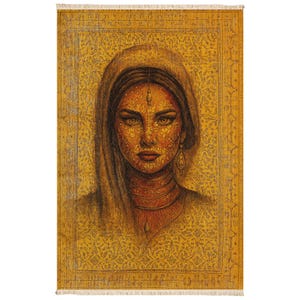 Alfombra bohemia dorada con retrato étnico femenino. Alfombra artística lavable para sala de estar, dormitorio y decoración de paredes. 323