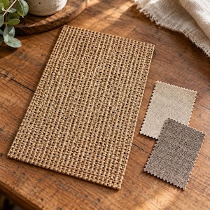 May include: A large rectangular woven mat with a tan grid pattern, accompanied by two smaller rectangular fabric swatches with pinked edges, one in a light beige and one in a dark brown, displaying distinct textile textures.