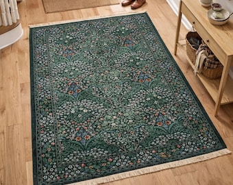 Vintage Botanical Rug, William Morris Style, Forest Green Washable Print Cotton