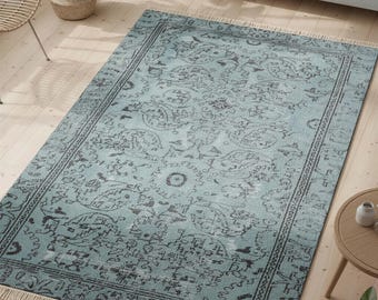 Vintage Blue Persian Style Rug with Distressed Look | Elegant Washable Carpet for Living Room, Bedroom and Classic Home Décor 320