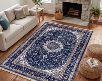 Navy Blue Persian Style Rug With Vintage Floral Medallion, Washable Cotton Carpet