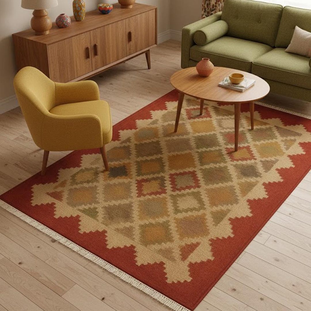 Diamond Patterned Rug Ruggable 60's Vintage Diamond Patterned Rug in Terracotta and Beige | Washable ...