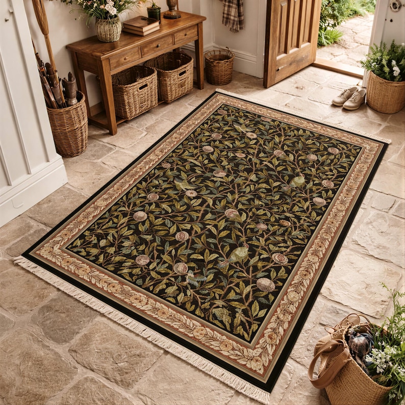 a large rug with a green and black floral design, placed on a stone floor in a room with a wooden table and a basket.