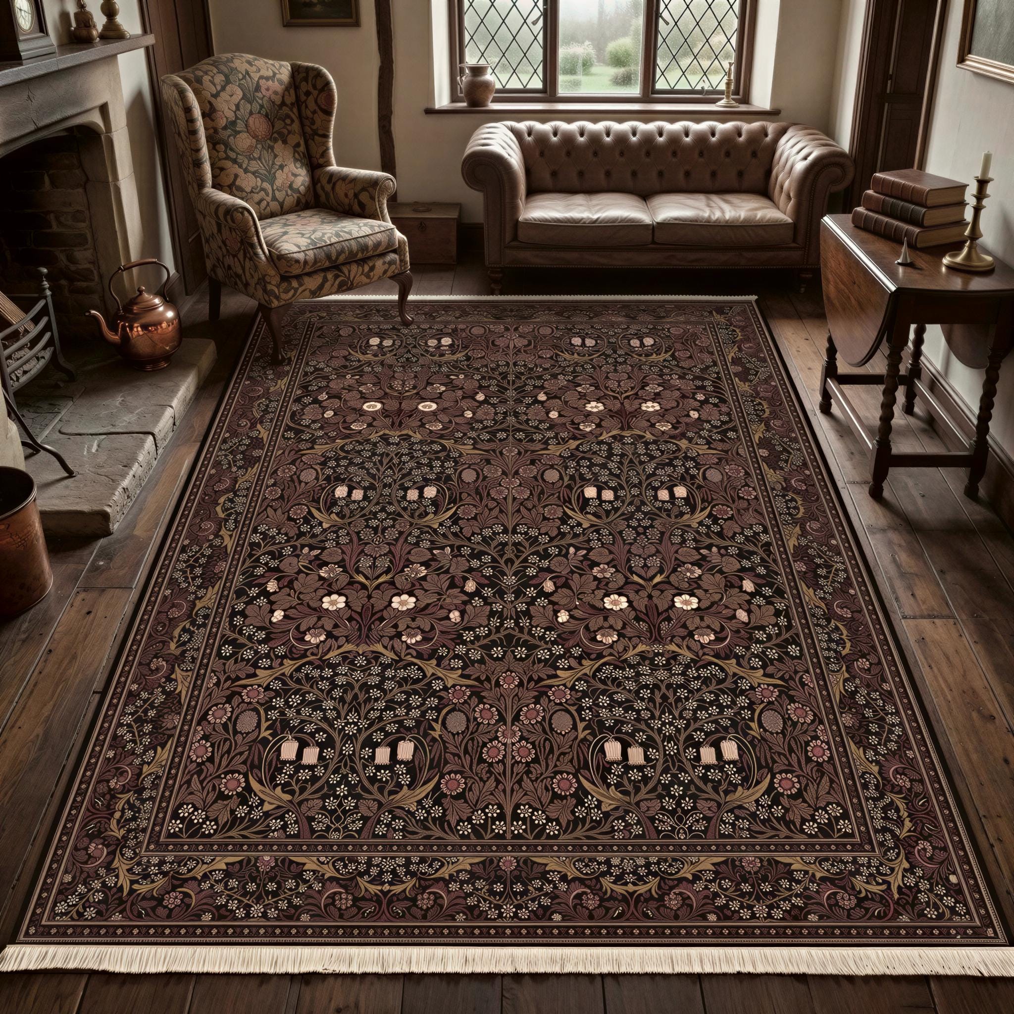 William Morris Rug: Dark Floral Vintage Style - Washable, Non-slip