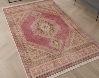 Alfombra turca rosa de estilo vintage – Alfombra lavable estilo boho con diseño de medallón, suave y duradera, perfecta para la sala de estar o el dormitorio 290