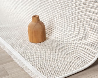 Custom Size Cream Flatweave Area Rug Runner with Fringe, Handwoven Neutral Carpet