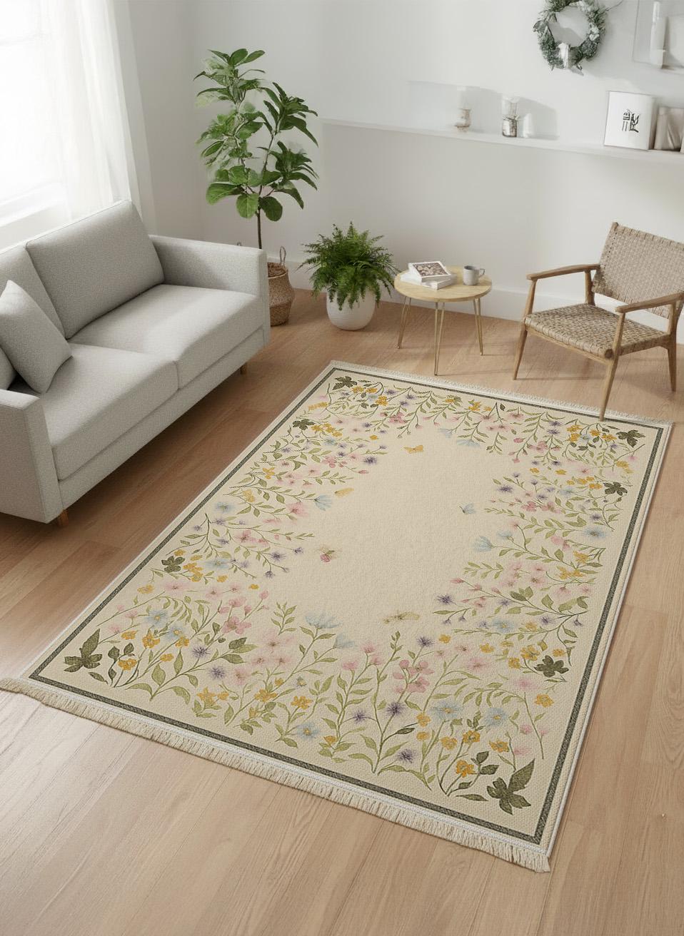 Pastel Floral Cottagecore Area Rug – Washable Botanical Print Carpet ...