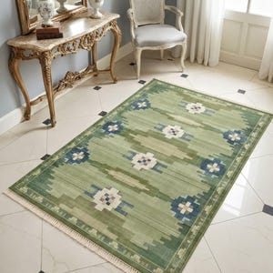 Tapete geométrico escandinavo verde: padrão kilim lavável