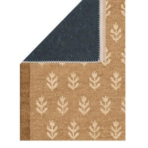 a rug with a floral pattern in shades of brown and black.