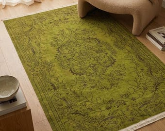 Green Vintage Washable Rug with Non Slip Backing, Stain Resistant Digital Printed Hallway Rug, Kitchen Area Floor Carpet, Boho Home Rug 122