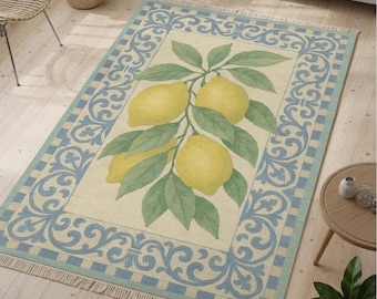 Tapete Pastel Lemon Branch com Franjas e Borda, Estilo Mediterrâneo, Algodão Ecológico, Lavável, Ideal para Animais de Estimação, Durável, Tamanho Personalizado, Tapete para Chão 276