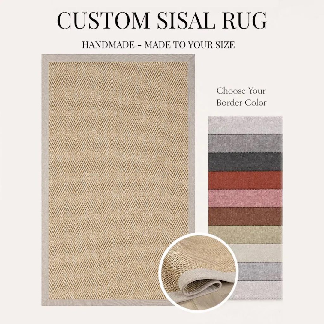 Custom Sisal Herringbone Rug With Beige Border | Handmade Natural Rug ...