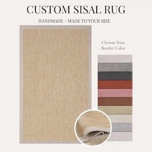 Alfombra de sisal personalizada con diseño de espiga y borde beige / Alfombra natural hecha a mano / Alfombra de tejido plano en tonos neutros / Alfombra de pasillo para sala de estar fácil de limpiar
