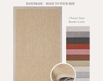 Custom Sisal Herringbone Rug with Beige Border | Handmade Natural Rug | Neutral Flatweave Area Rug | Easy to Clean Living Room Carpet Runner