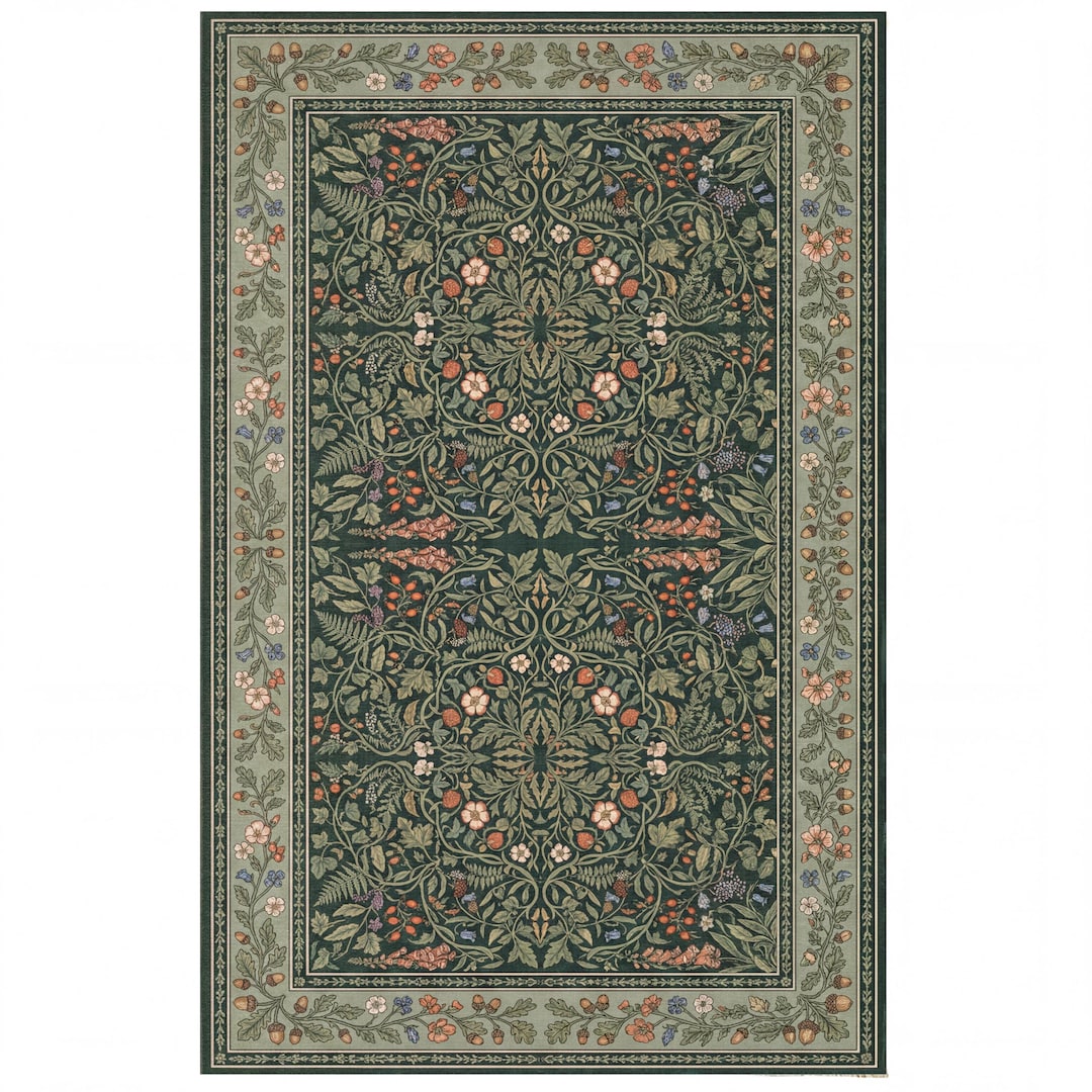 William Morris Rug, Dark Green Woodland Botanical Print