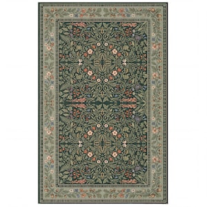 William Morris Rug, Dark Green Woodland Botanical Print, Strawberry Cottagecore Forest Decor