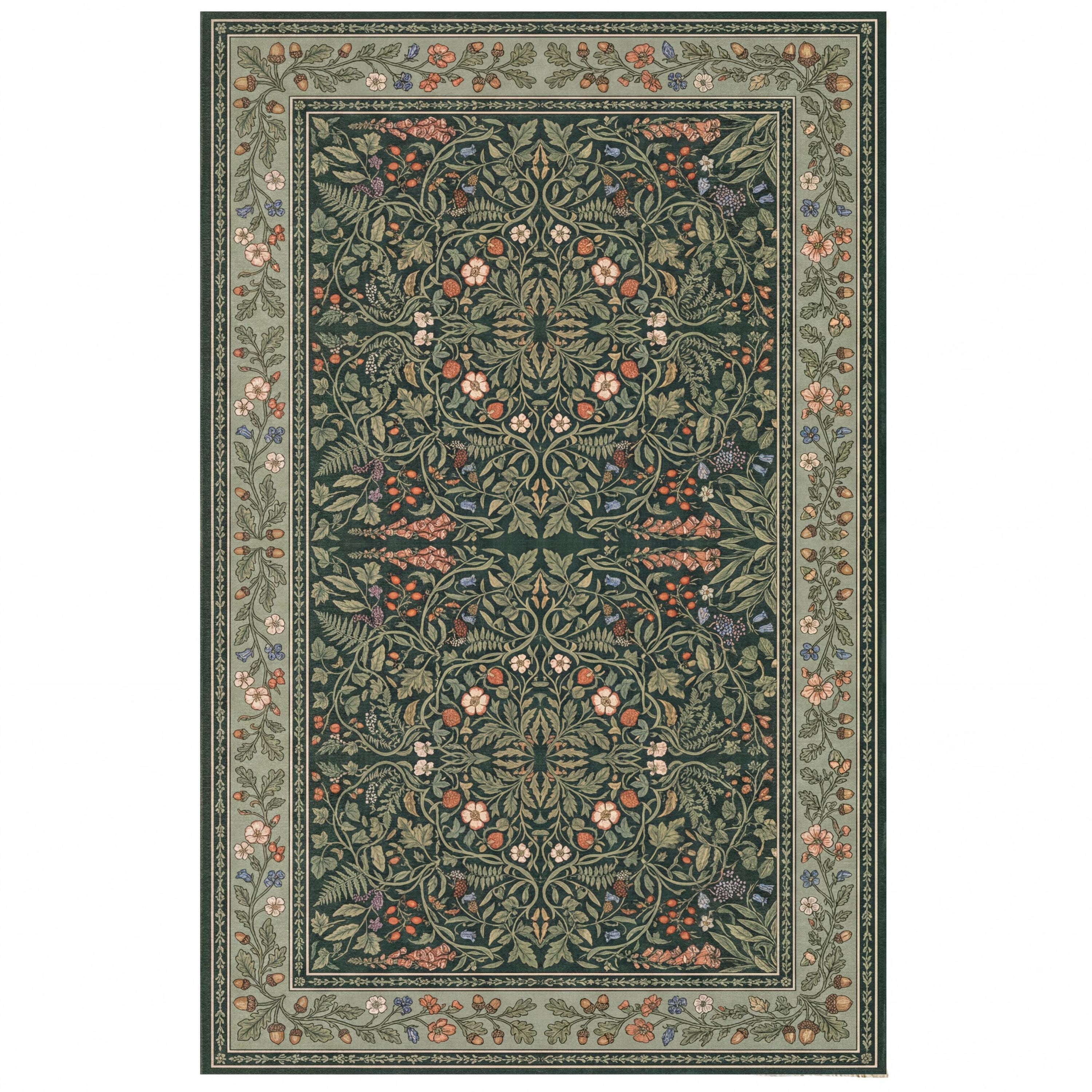 William Morris Rug, Dark Green Woodland Botanical Print