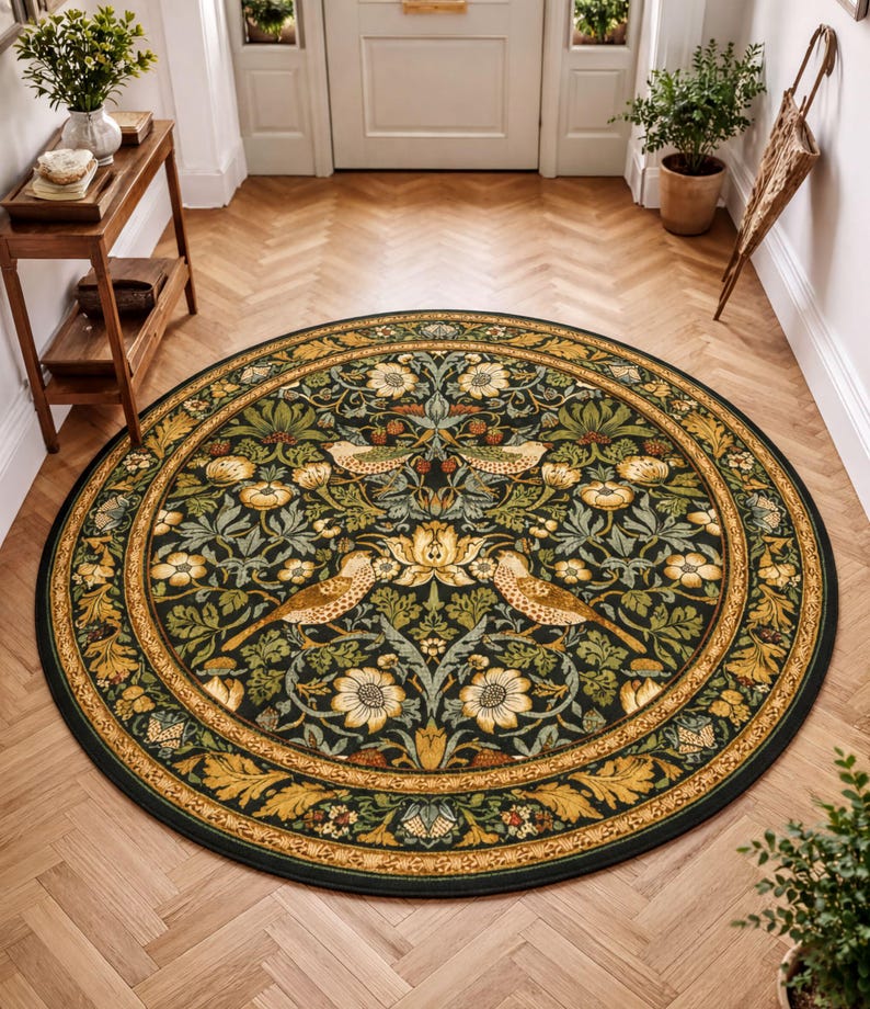 a large, ornate rug with a floral design in shades of green and gold, placed on a wooden floor in a hallway. The rug is surrounded by potted plants and a wooden table, creating a cozy and inviting atmosphere.
