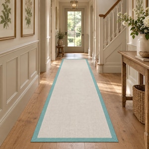 Ivory Flatweave Hallway Runner Rug, Turquoise Border Custom Size Sisal Jute Carpet