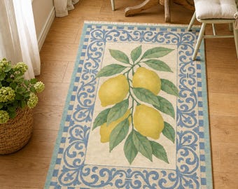 Mediterranean Lemon Rug: Fresh Yellow Fruit Pattern (Kitchen or Dining)