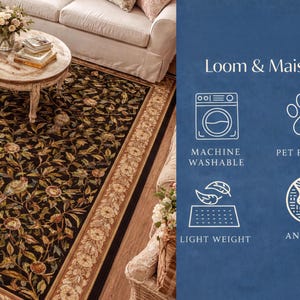 The image is a collage of two photos. The left photo shows a round table with a vase of flowers, a book, and a small plant. The right photo features a rug with a floral pattern, a washing machine, a pet paw, a machine washable and pet friendly rug, and a light weight anti-slip rug.