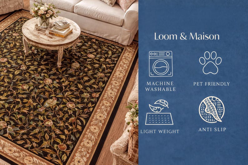 The image is a collage of two photos. The left photo shows a round table with a vase of flowers, a book, and a small plant. The right photo features a rug with a floral pattern, a washing machine, a pet paw, a machine washable and pet friendly rug, and a light weight anti-slip rug.