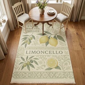 Tapete de cozinha Limoncello Lemon, estampa botânica em azulejo com citação de ramo de oliveira em tons de creme sálvia, decoração de fazenda italiana mediterrânea. imagem 1