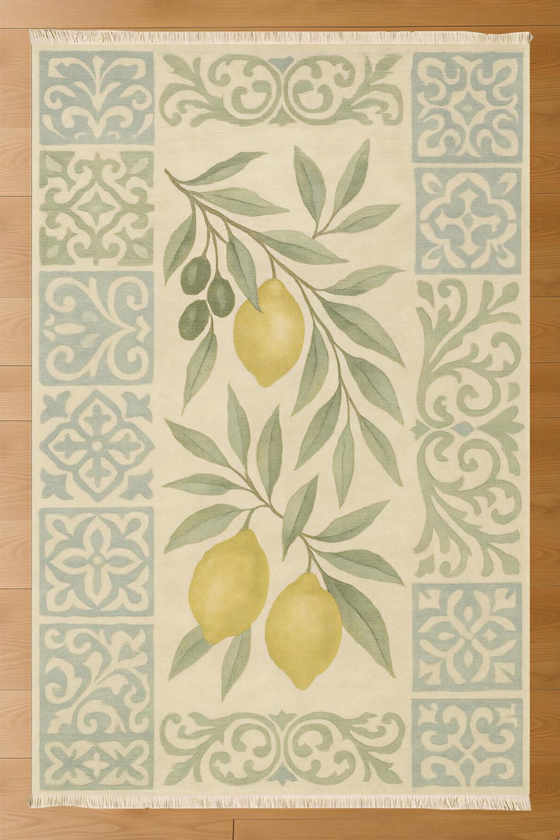a rug with a design of lemons and leaves, creating a decorative and nature-inspired pattern.